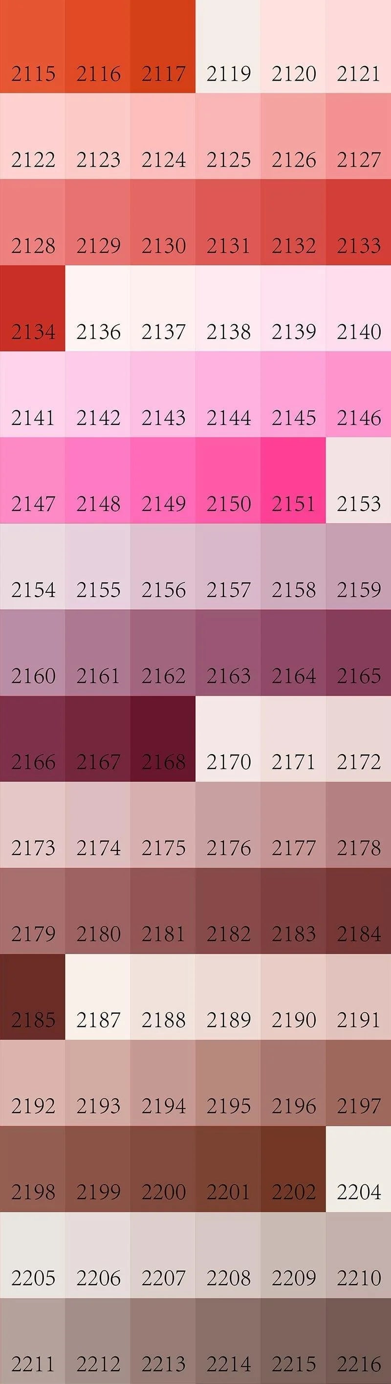 Color swatch chart with various shades of pink and red.