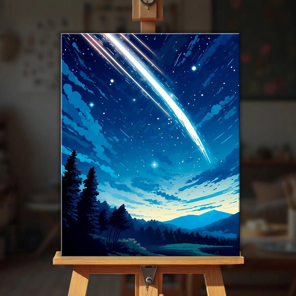 Lifestyle scene of Falling Star Night paint by numbers kit displayed on an easel with a calm night sky landscape by Tinta Canvas