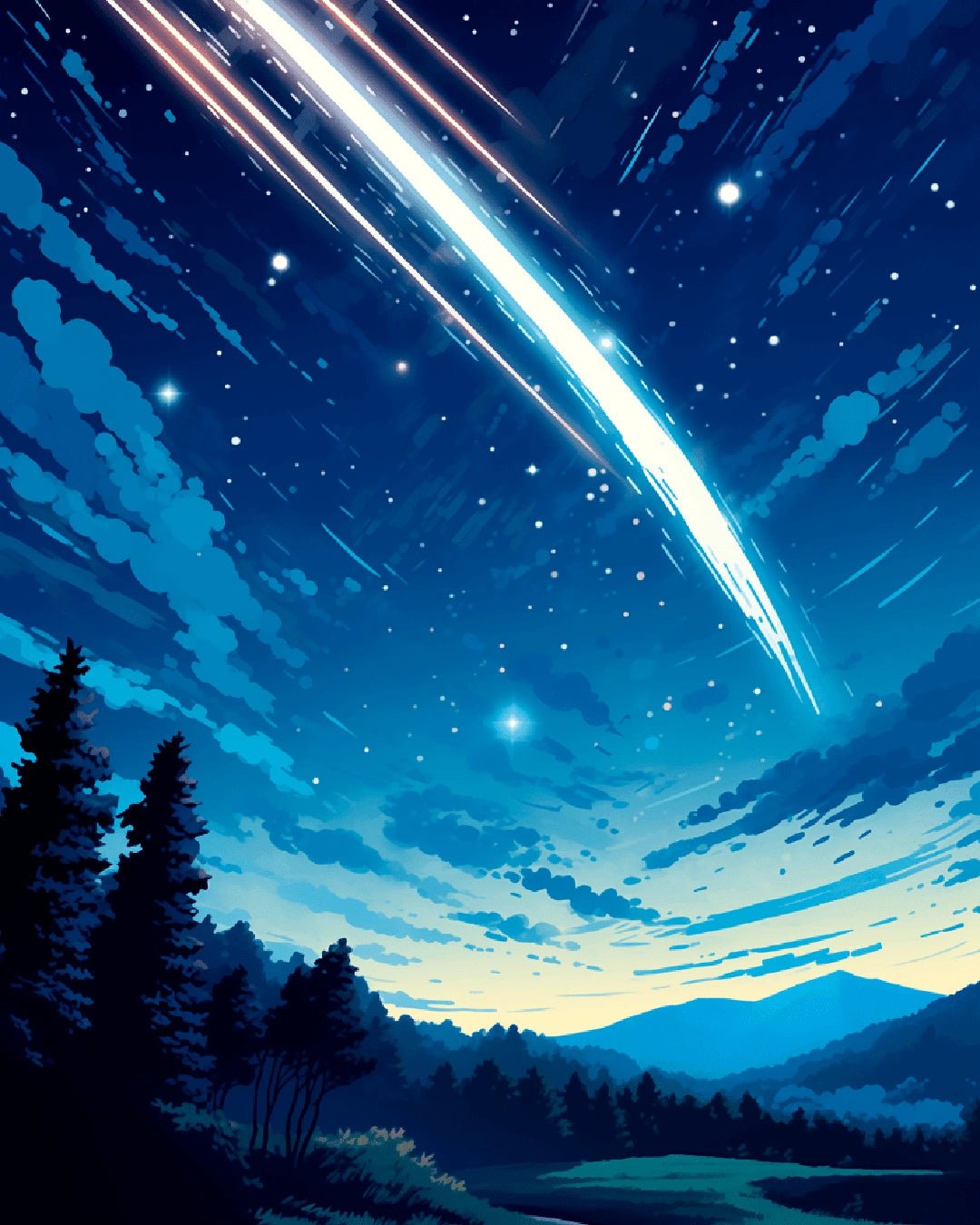 Raw landscape image of Falling Star Night paint by numbers kit showing a luminous shooting star above forest hills by Tinta Canvas 