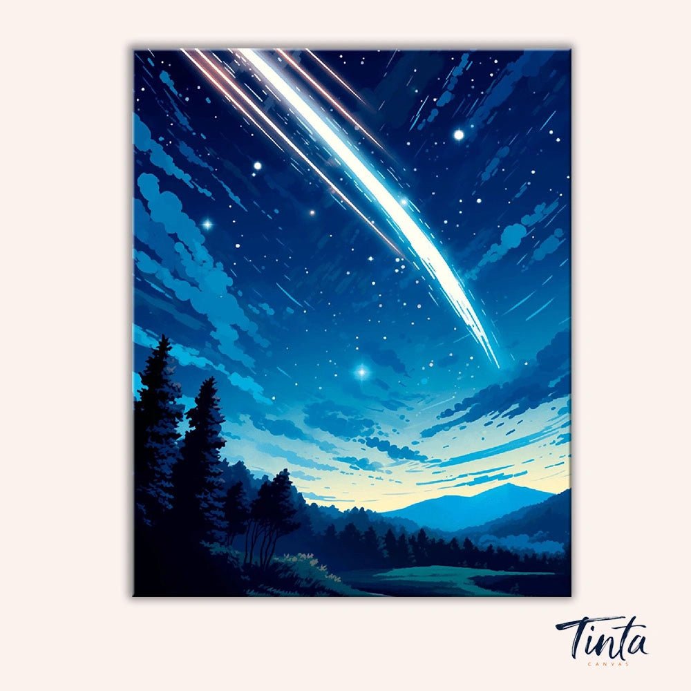 Clean artwork of Falling Star Night paint by numbers kit featuring a bright meteor over mountains and stars by Tinta Canvas
