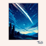Clean artwork of Falling Star Night paint by numbers kit featuring a bright meteor over mountains and stars by Tinta Canvas