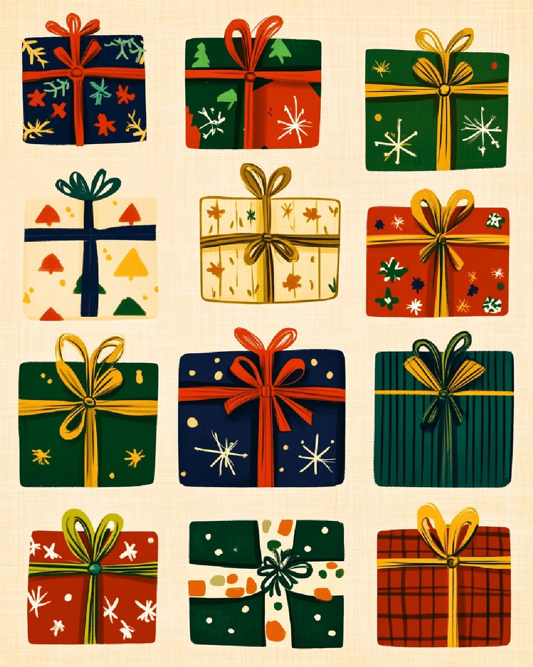 Festive paint by numbers kit canvas painting featuring decorative gift boxes with ribbons and holiday colors
