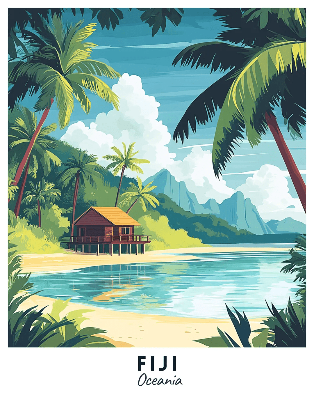 Fiji Travel Poster Paint by Numbers Kit featuring tropical shoreline, palm trees, calm ocean, and island scenery