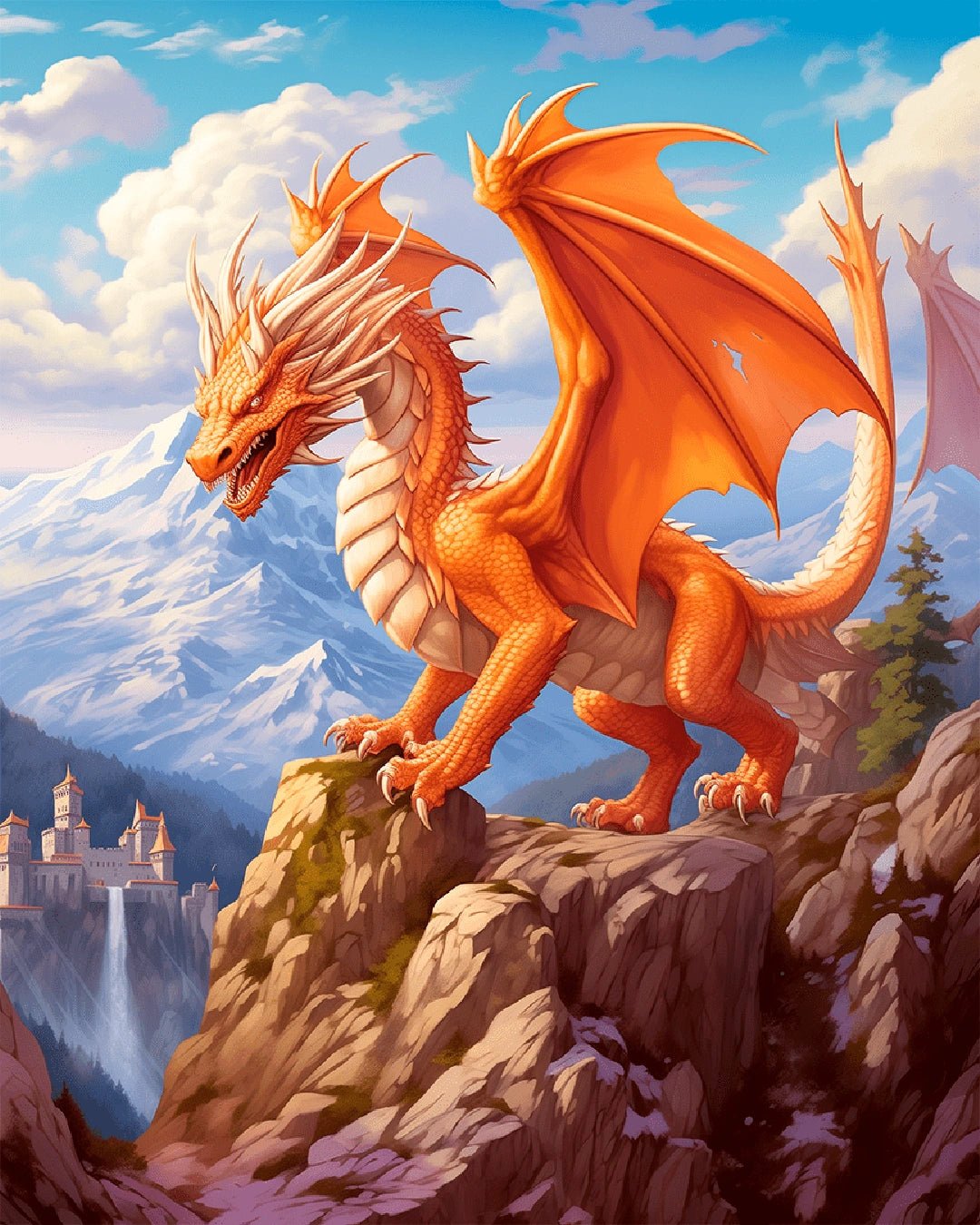 Fantasy paint by numbers canvas for adults showing a powerful dragon in a mountain landscape
