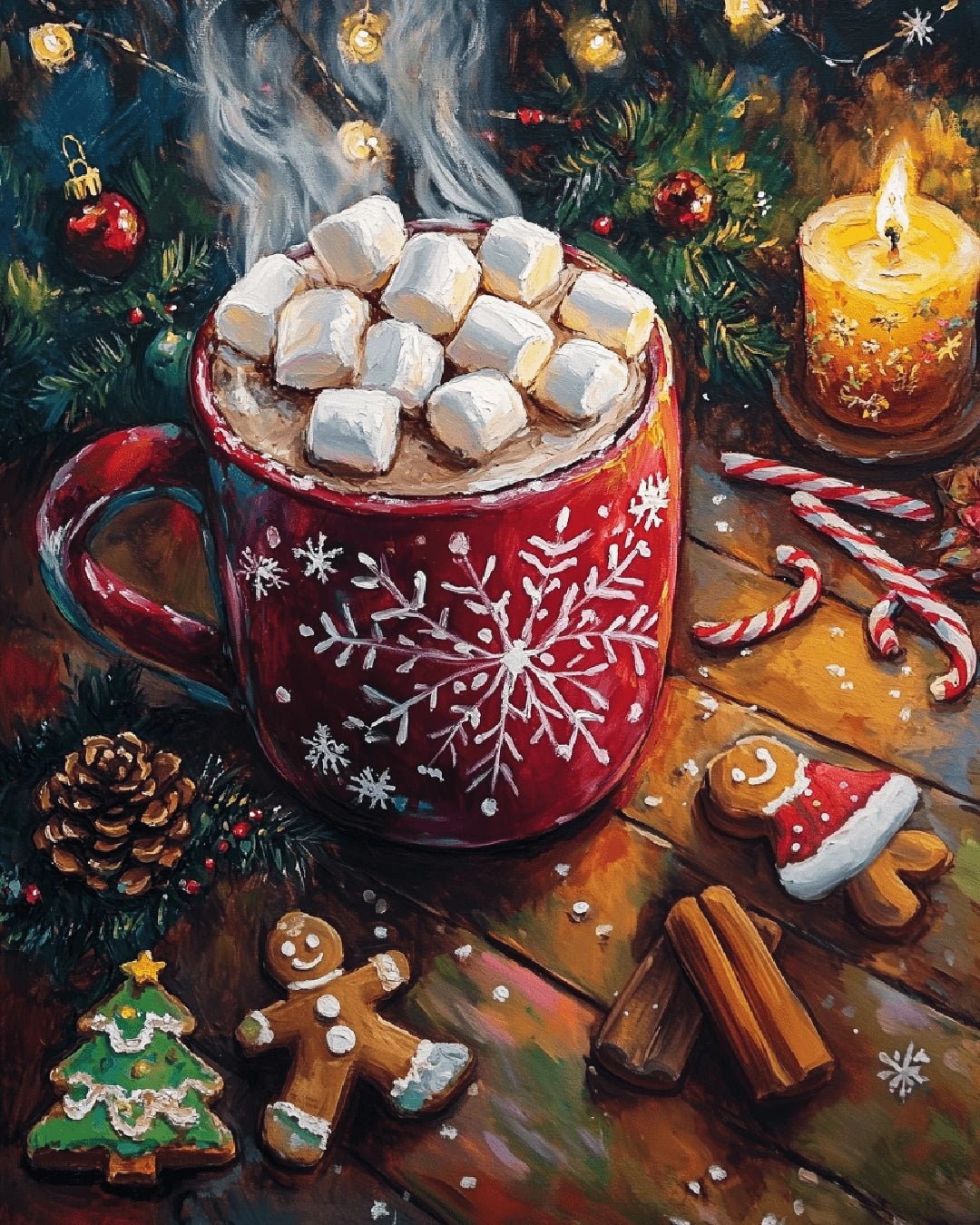 Paint by numbers canvas showing a festive holiday cocoa scene with marshmallows, cookies, and warm candle glow
