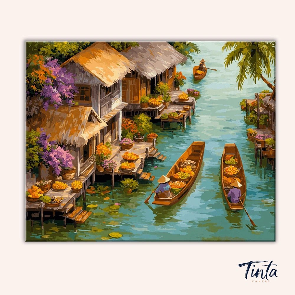Clean artwork of the Floating Market paint by numbers kit featuring wooden boats filled with fruit along a lively canal by Tinta Canvas