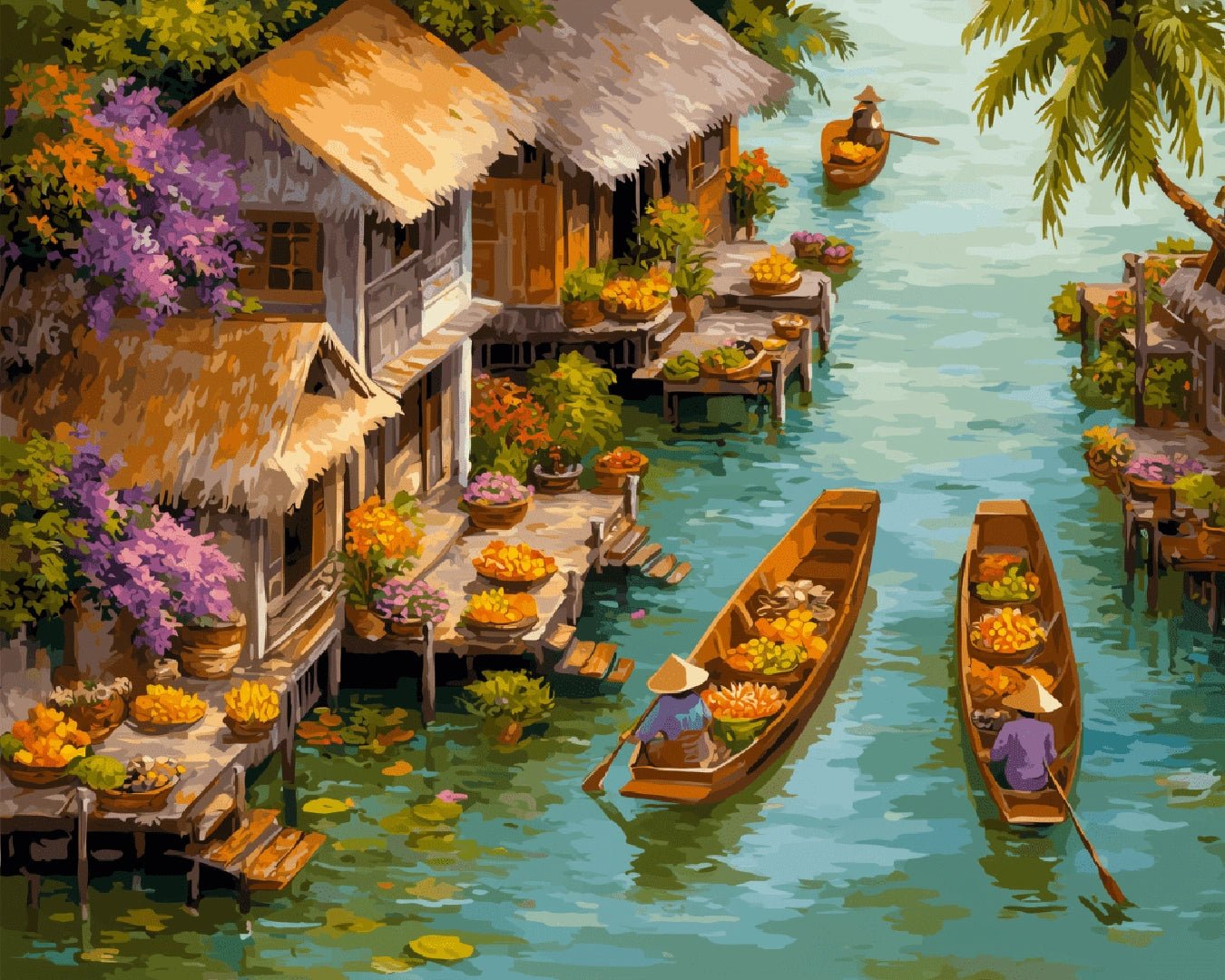 Raw landscape artwork from the Floating Market paint by numbers kit showing boats selling fruit along a tropical canal by Tinta Canvas