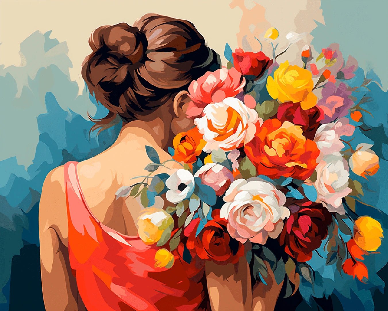 Paint by numbers canvas featuring a woman in a coral dress surrounded by blooming flowers