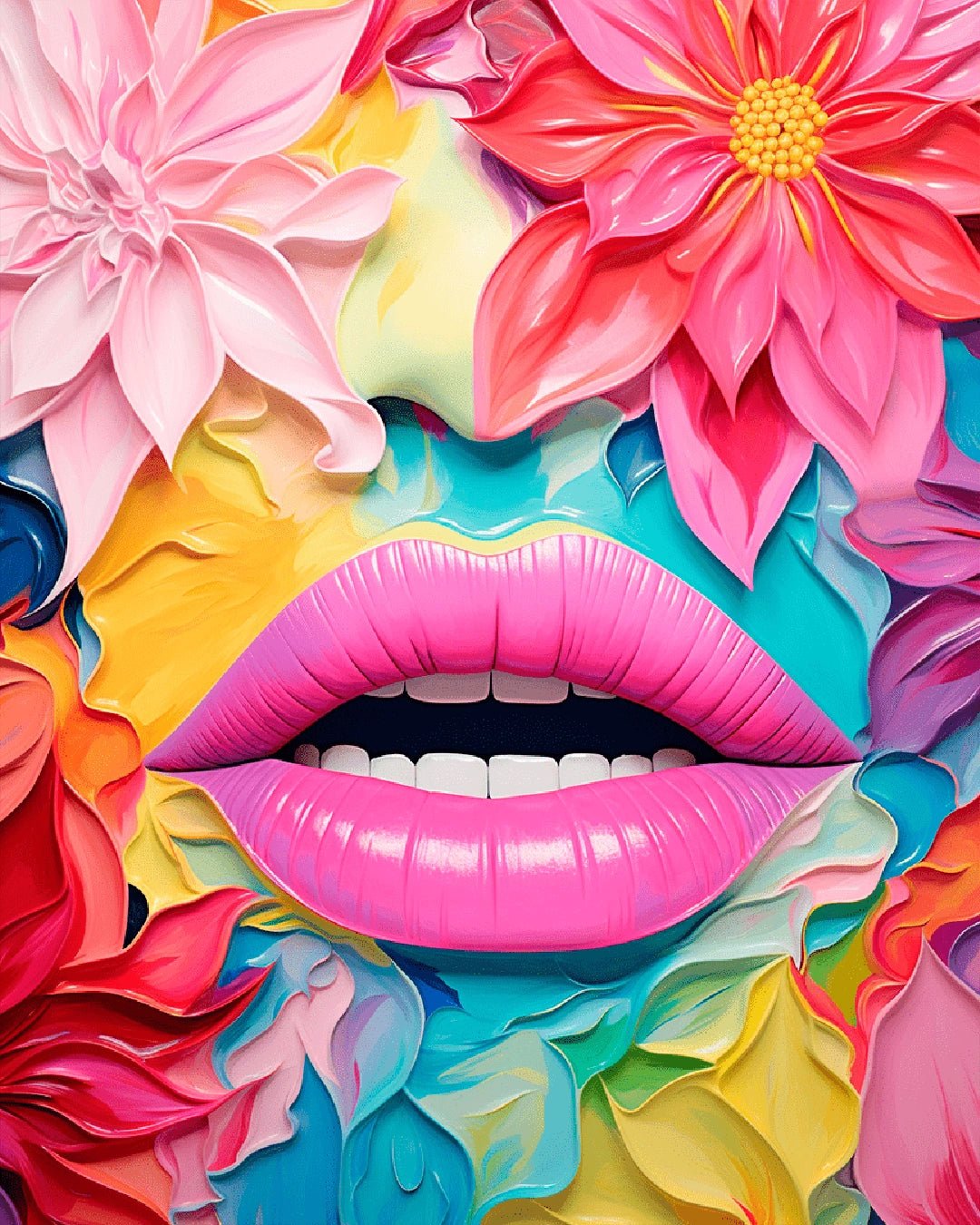 Modern floral paint by numbers kit canvas painting featuring vibrant layered flowers and stylized lips