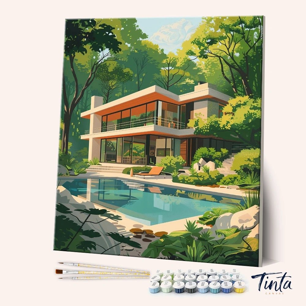 Angled display of the Forest Modern Retreat paint by numbers kit showing canvas artwork with brushes and paint pots by Tinta Canvas