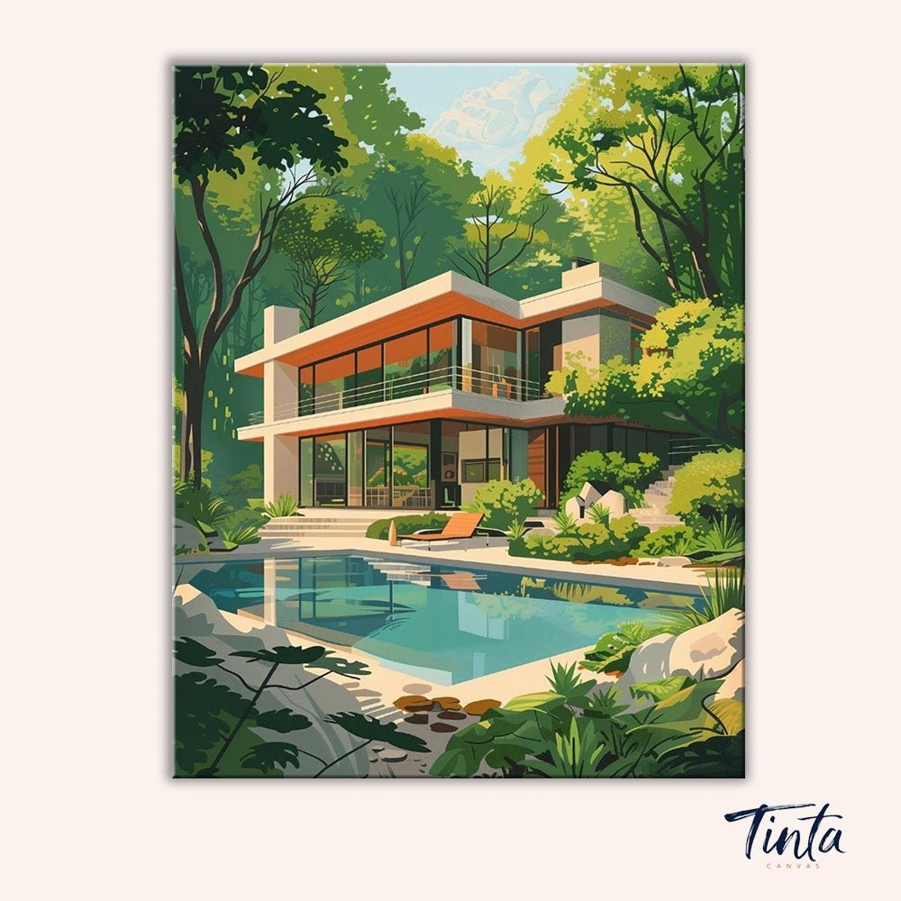 Clean artwork of the Forest Modern Retreat paint by numbers kit featuring a modern house surrounded by lush forest and pool by Tinta Canvas