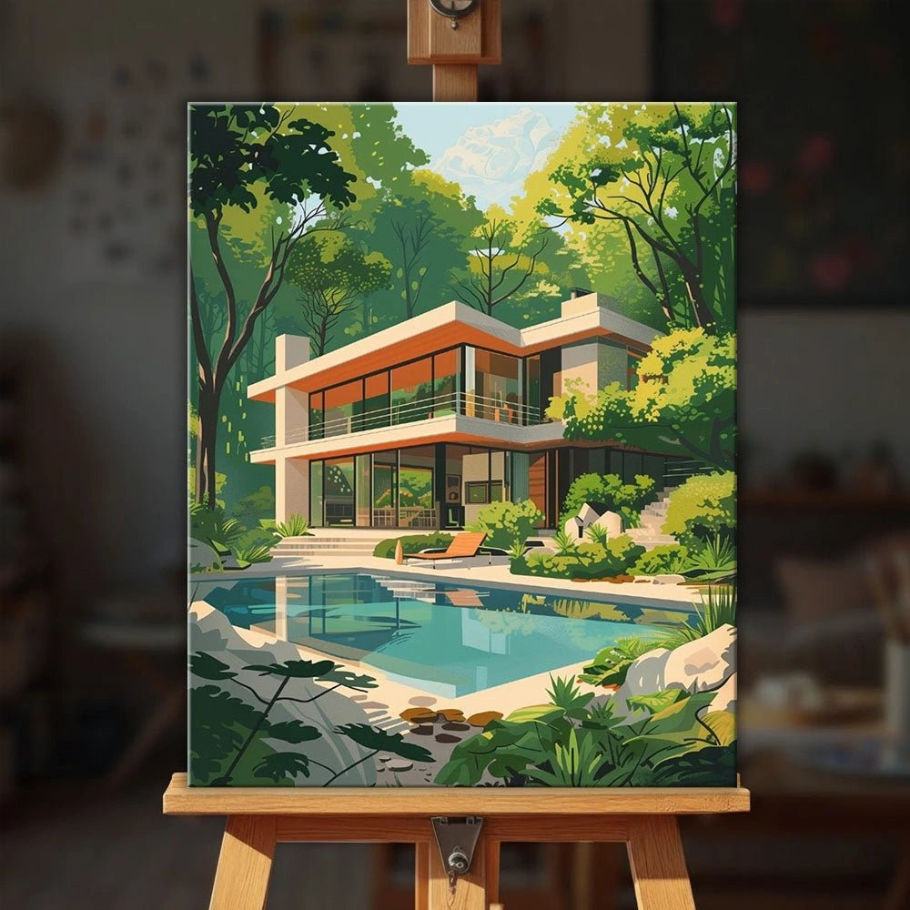 Forest Modern Retreat paint by numbers kit displayed on an easel showing a tranquil forest home and poolside setting by Tinta Canvas