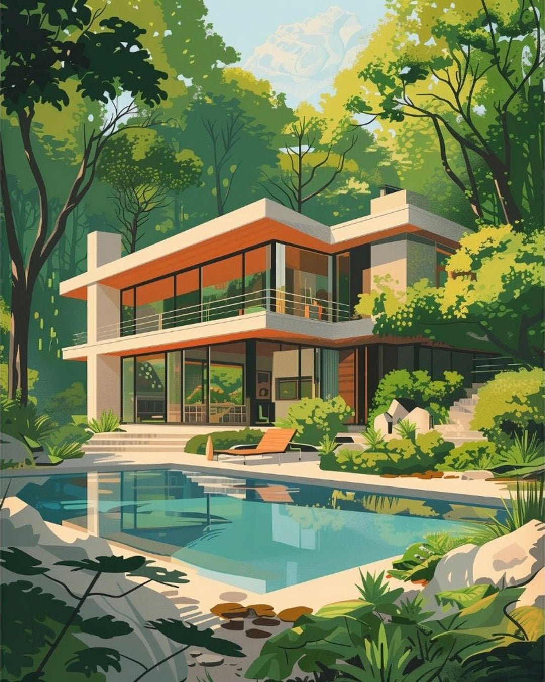 Raw landscape artwork from the Forest Modern Retreat paint by numbers kit showing a contemporary home in a peaceful forest by Tinta Canvas