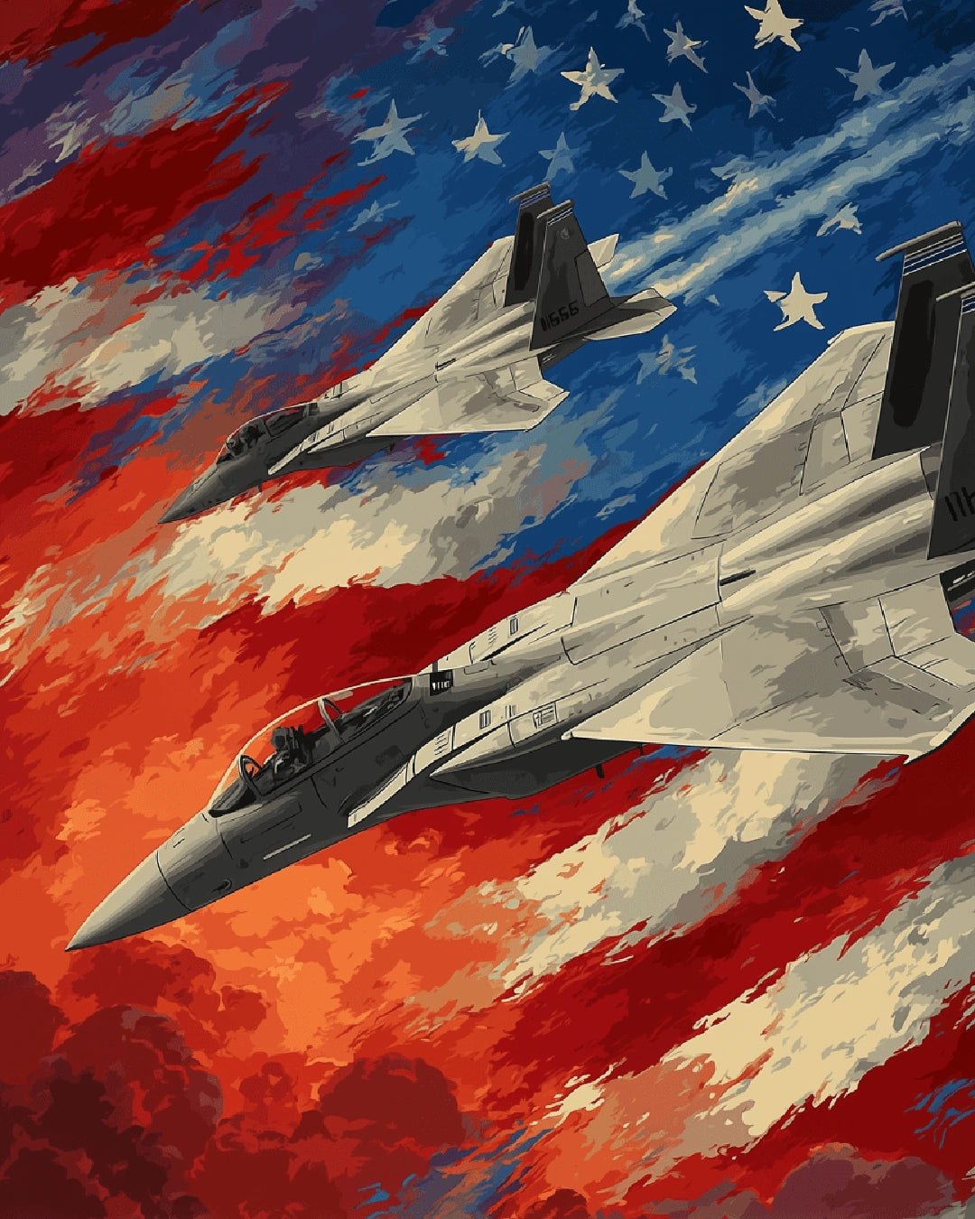 Paint by numbers kit painting for adults featuring military jet painting with bold red white and blue sky