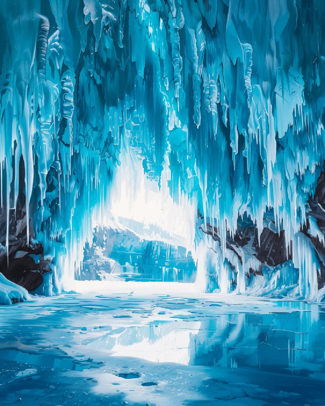 Paint by numbers canvas showing a frozen ice cavern with turquoise icicles and reflective icy water