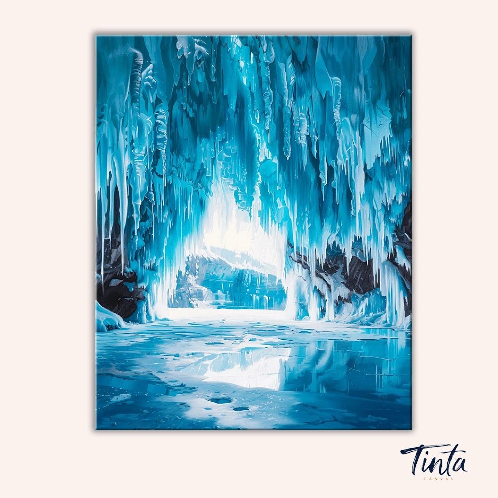 Clean artwork of Frozen Crystal Cavern paint by numbers kit showing luminous blue ice cave and reflective frozen water by Tinta Canvas