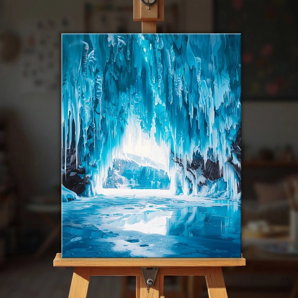 Frozen Crystal Cavern paint by numbers kit displayed on easel in modern home setting by Tinta Canvas