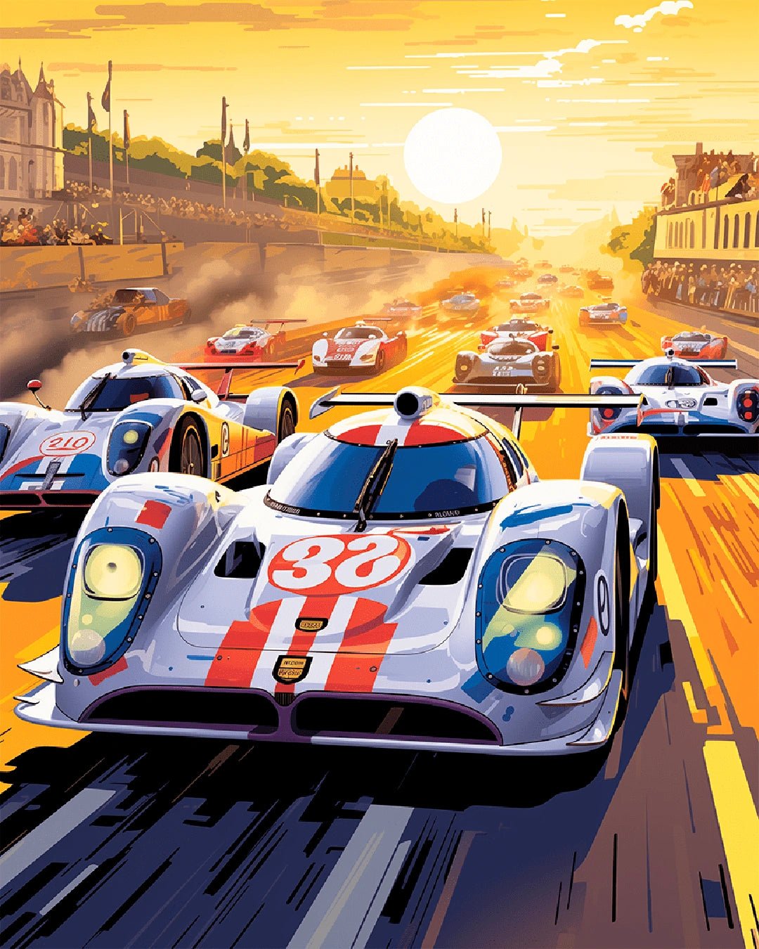 Paint by numbers canvas showing endurance racing cars speeding down a track