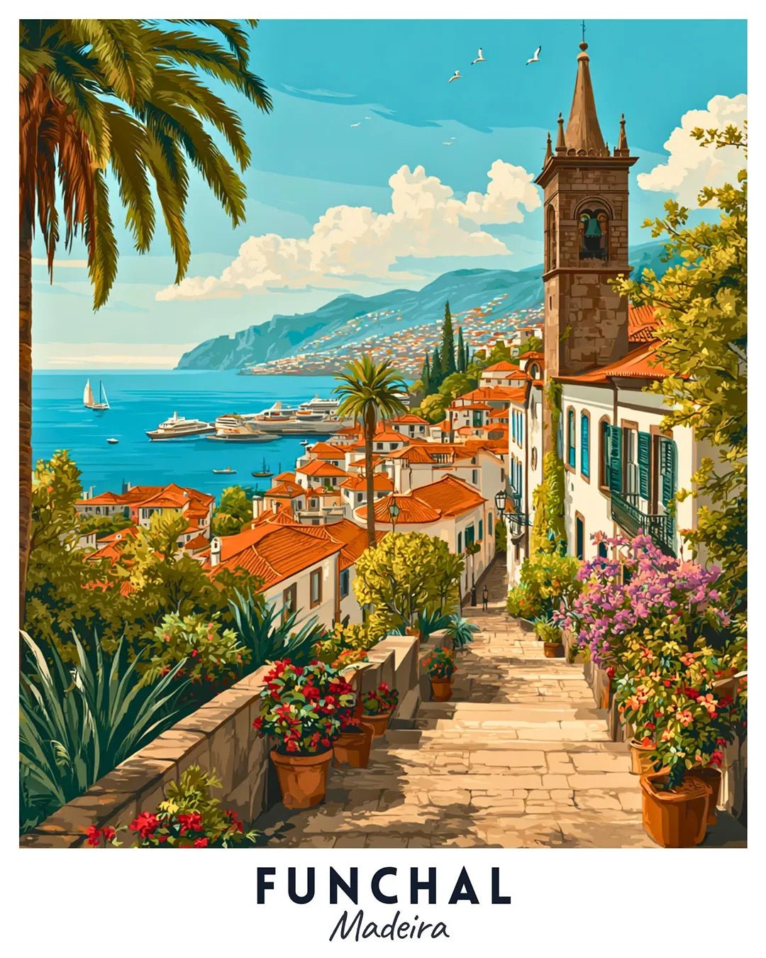 Funchal Madeira Travel Poster Paint by Numbers Kit featuring colorful hillside streets, ocean harbor, palm trees, and island landscape