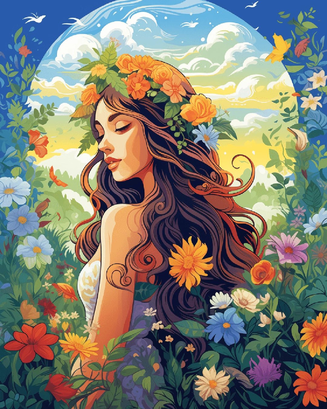 Paint by numbers canvas featuring a serene woman in a blooming floral garden