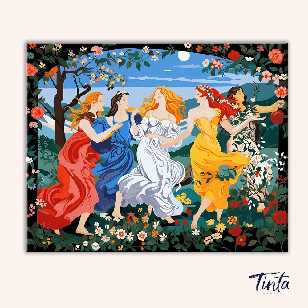 Clean artwork of Garden of Grace paint by numbers kit featuring graceful women in flowing dresses surrounded by flowers without tools visible by Tinta Canvas