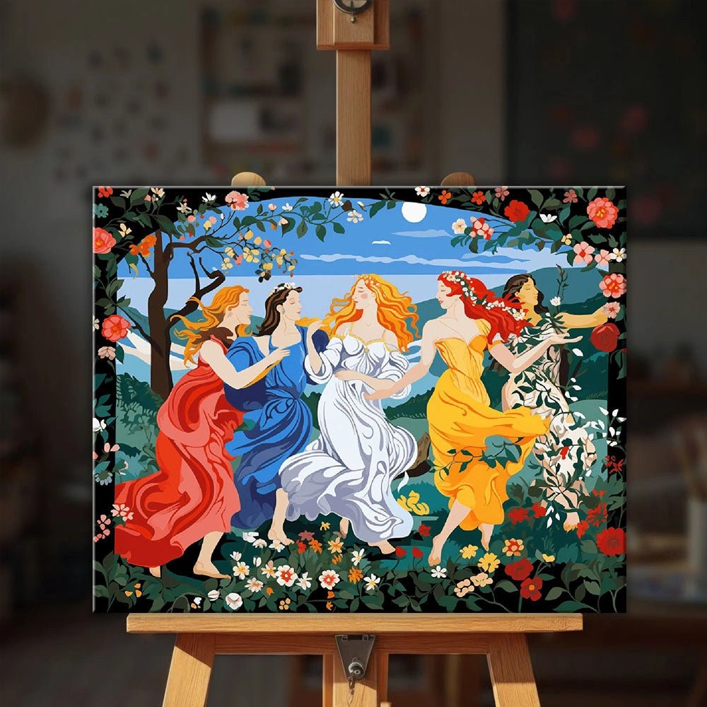 Garden of Grace paint by numbers kit displayed on easel in home setting highlighting colorful figures and elegant floral scene by Tinta Canvas
