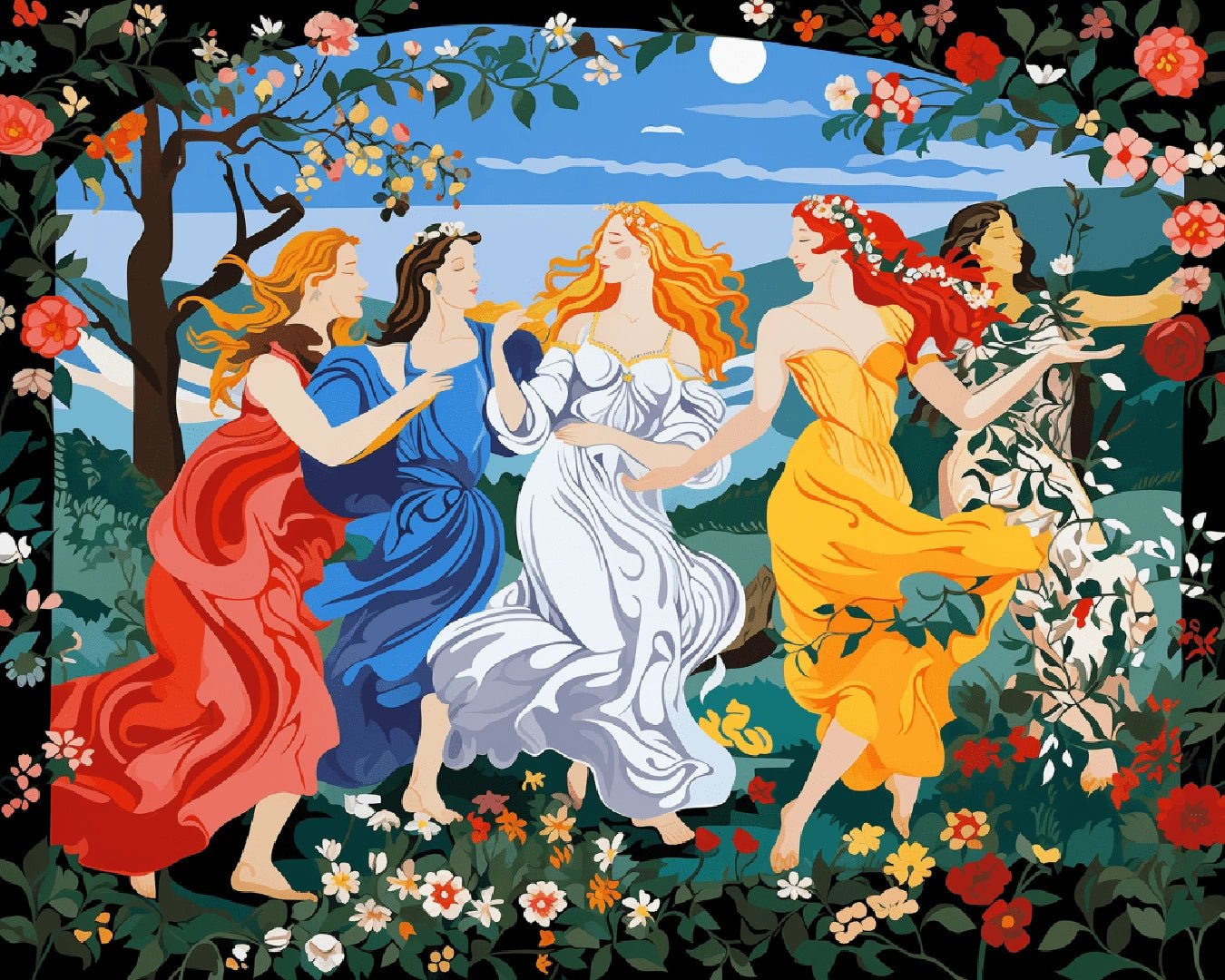 Original Garden of Grace paint by numbers kit artwork showing dancing women, blooming flowers, and scenic background in full composition by Tinta Canvas