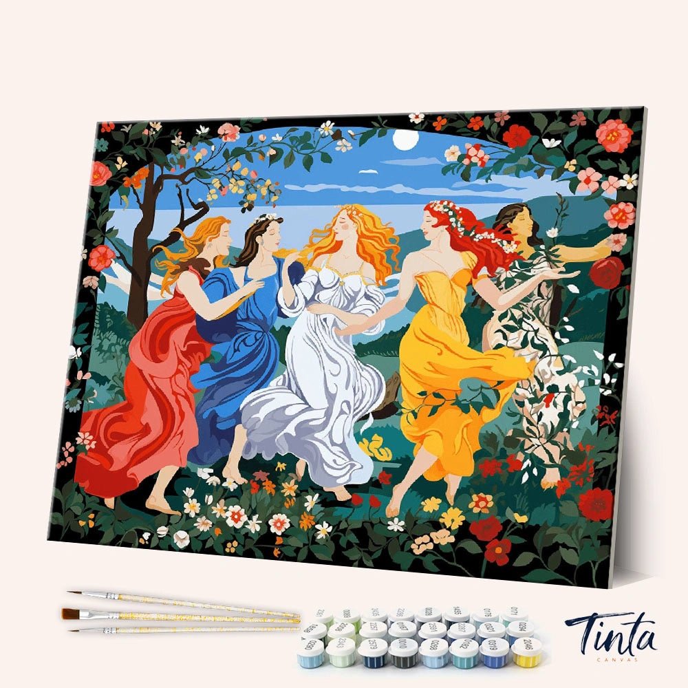 Angled view of Garden of Grace paint by numbers kit showing four women dancing in floral garden with brushes and paints included by Tinta Canvas