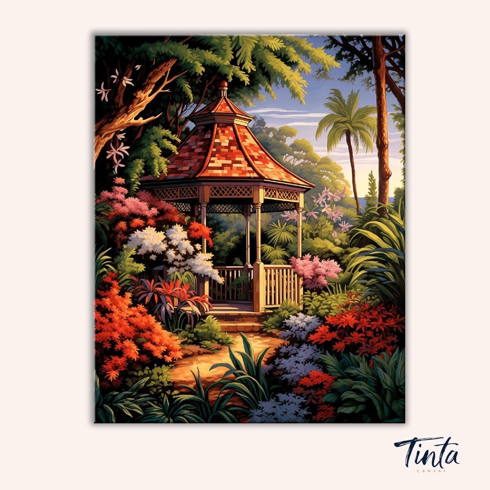 Clean artwork of Garden Pavilion Retreat paint by numbers kit with vibrant flowers and tropical trees by Tinta Canvas