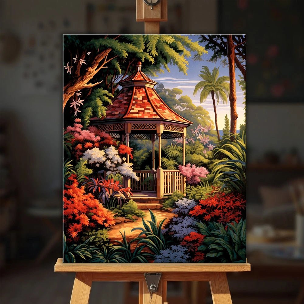 Garden Pavilion Retreat paint by numbers kit displayed on easel in a cozy home setting by Tinta Canvas