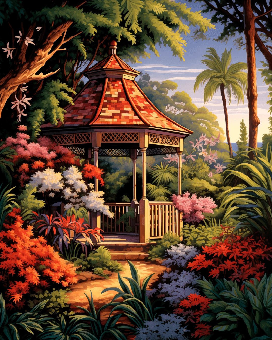 Raw landscape image of Garden Pavilion Retreat paint by numbers kit showing detailed pavilion garden by Tinta Canvas
