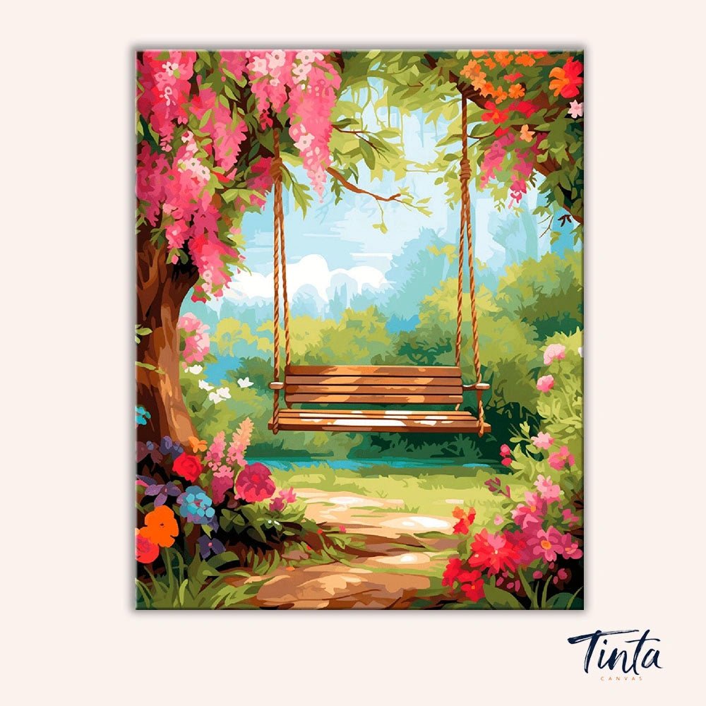 Garden Swing Daydream paint by numbers kit artwork featuring a peaceful garden swing surrounded by colorful blooming flowers by Tinta Canvas