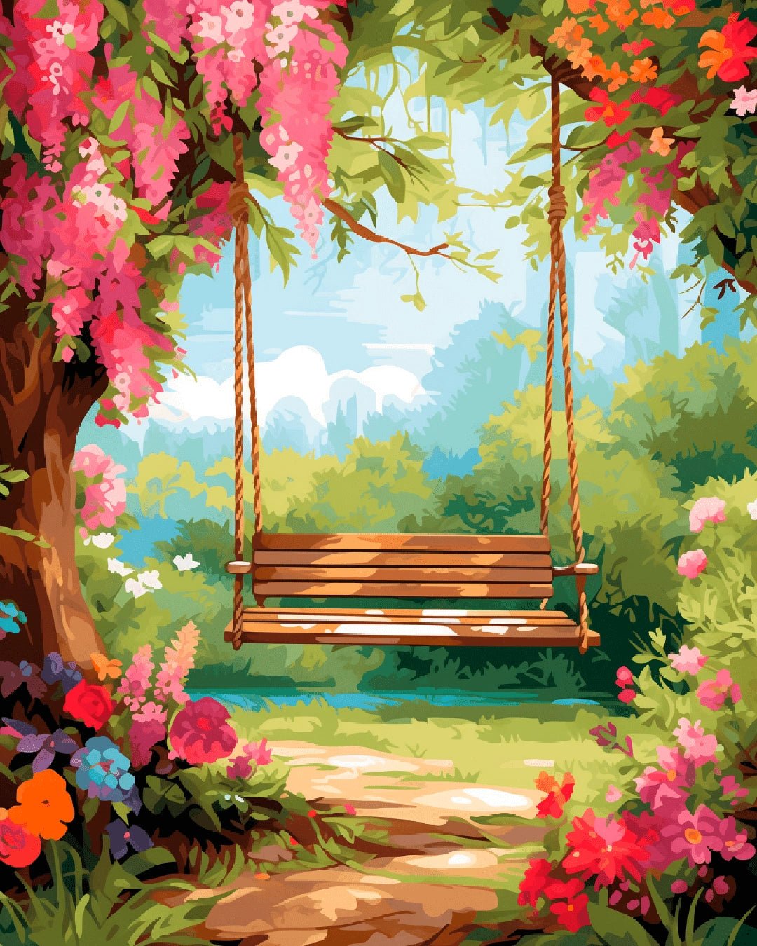 Garden Swing Daydream paint by numbers kit landscape showing a wooden swing under vibrant blossoms in a sunny garden by Tinta Canvas