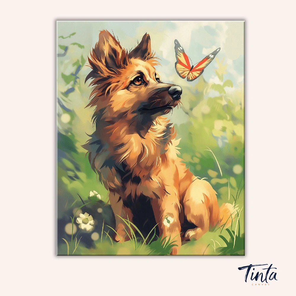 Clean artwork of the Gentle Curiosity paint by numbers kit featuring a fluffy puppy gazing at a delicate butterfly by Tinta Canvas