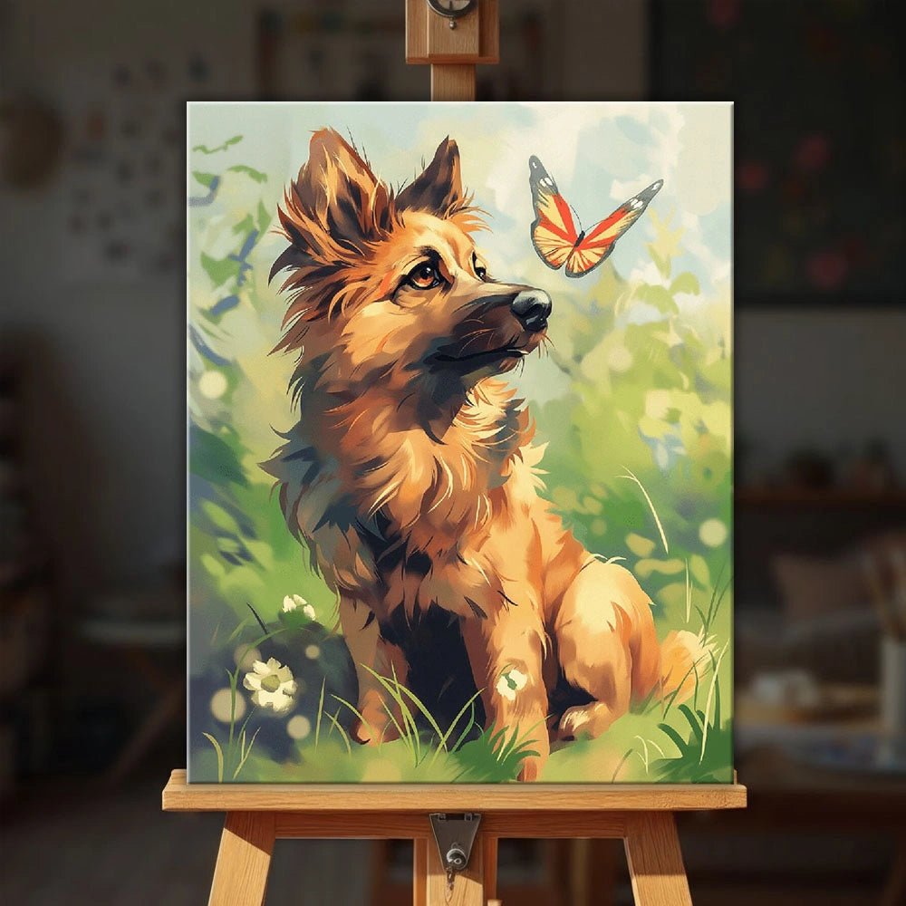 Gentle Curiosity paint by numbers kit displayed on an easel showing a playful puppy and butterfly in a soft green meadow by Tinta Canvas