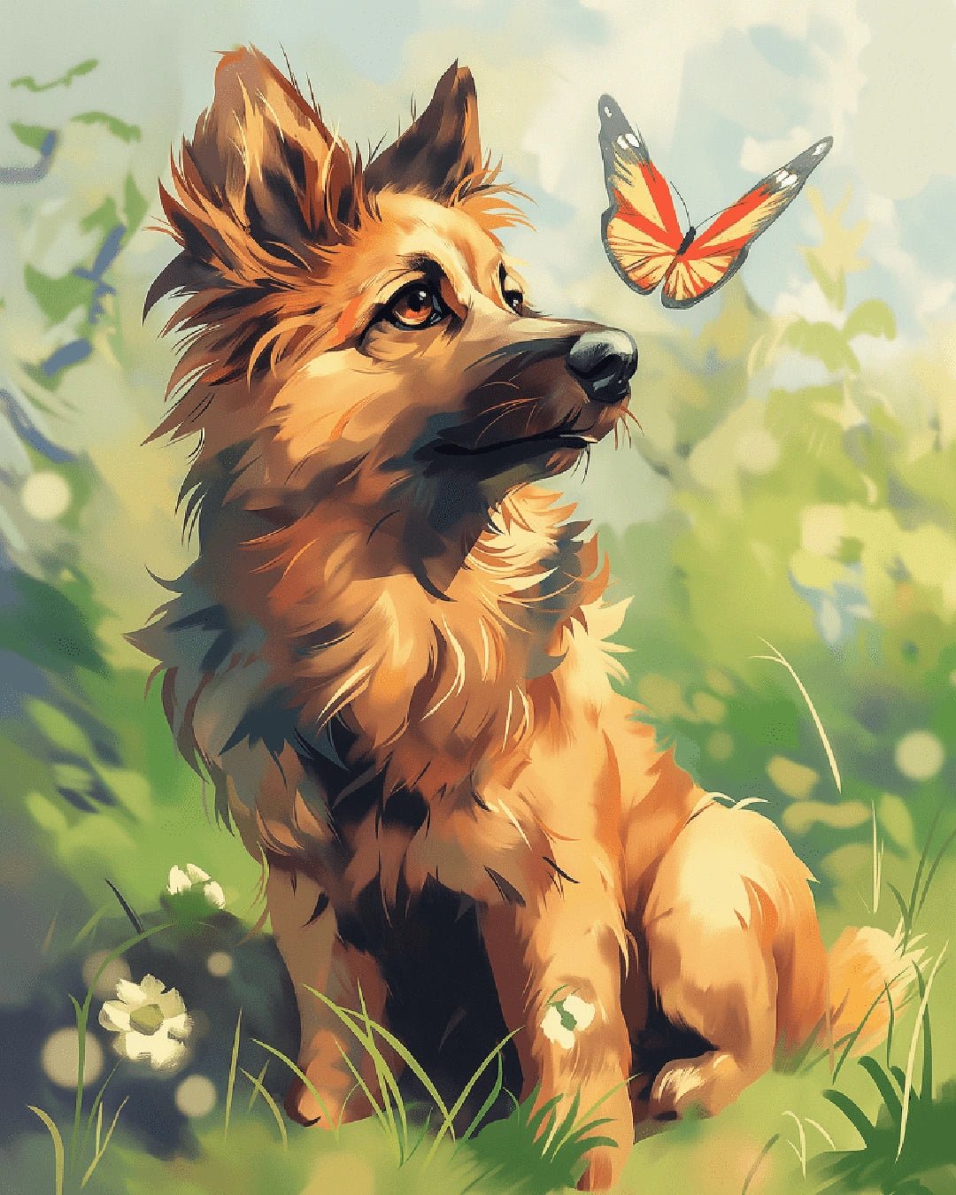 Raw artwork from the Gentle Curiosity paint by numbers kit showing a puppy sitting in grass observing a butterfly by Tinta Canvas