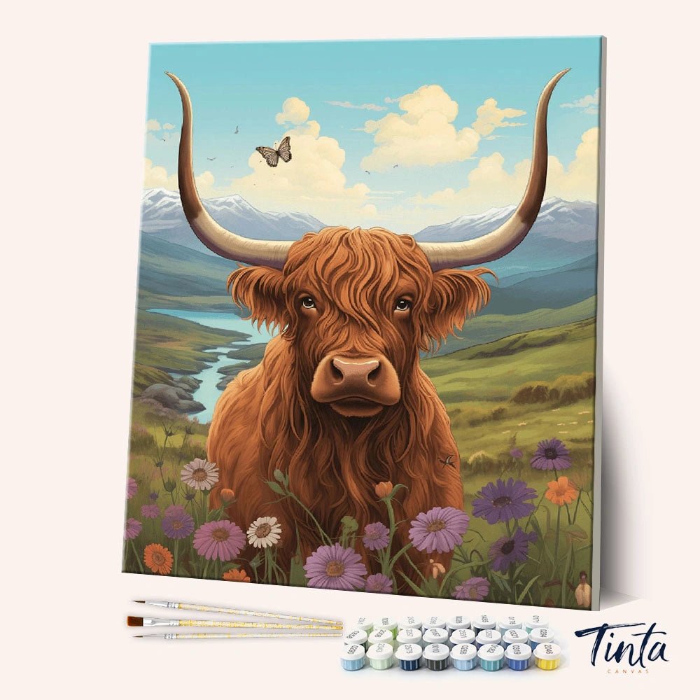 Angled view of Gentle Highland paint by numbers kit featuring highland cow with long horns in meadow by Tinta Canvas