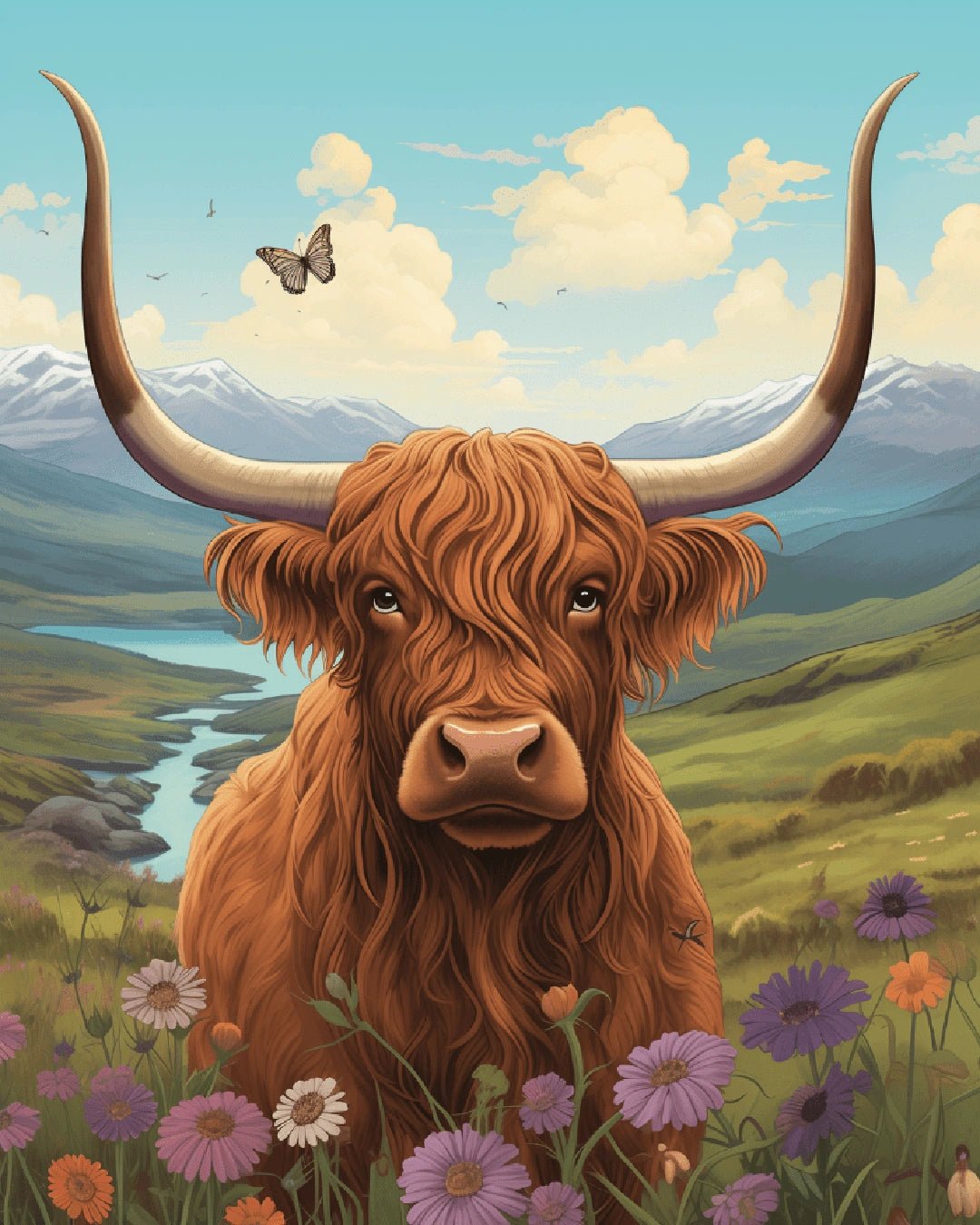 Paint by numbers kit canvas showing a Highland cow surrounded by flowers with a peaceful countryside and mountain landscape