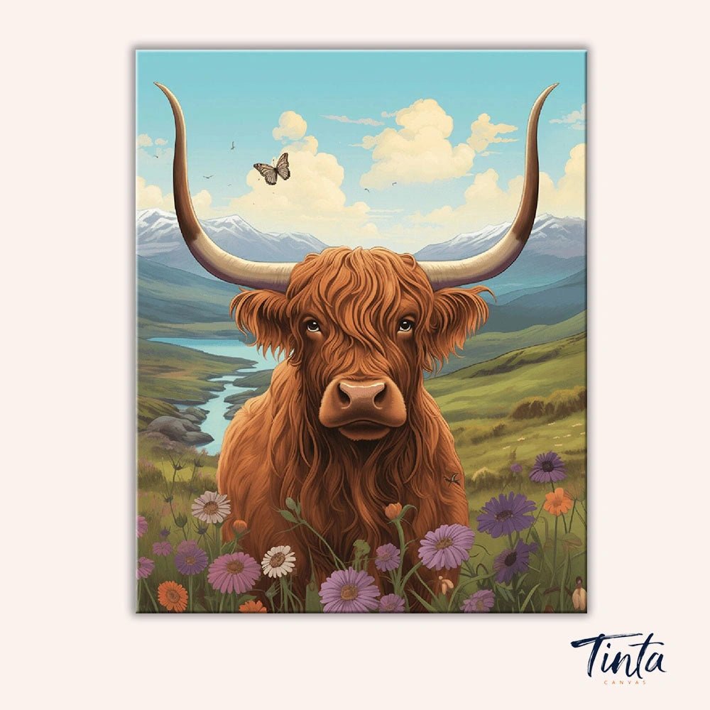 Clean artwork of Gentle Highland paint by numbers kit showing brown cow with scenic hills behind by Tinta Canvas