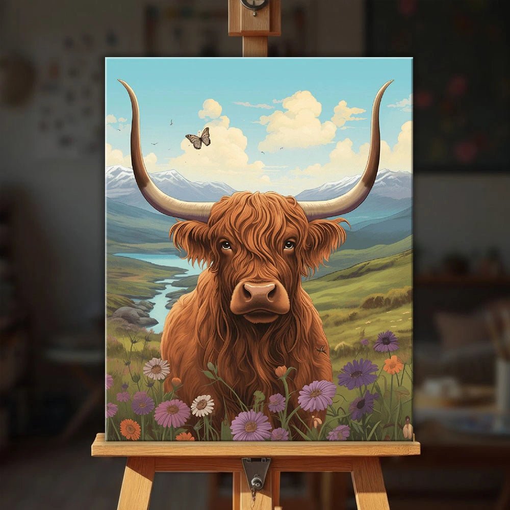 Gentle Highland paint by numbers kit displayed on easel in cozy interior with countryside scene by Tinta Canvas