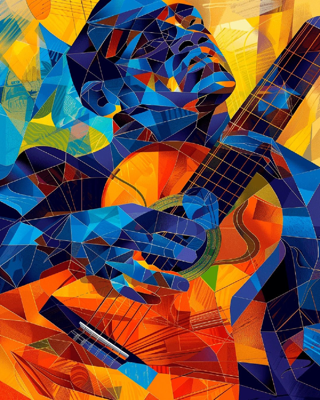 Music paint by numbers kit canvas painting showing abstract guitarist in geometric style