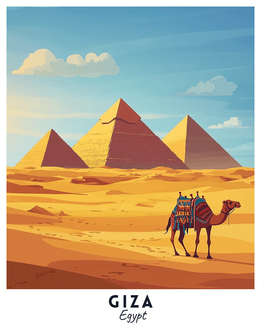 Giza Egypt Travel Poster Paint by Numbers Kit showing the pyramids of Giza, sandy desert, camel rider, and ancient Egyptian scenery