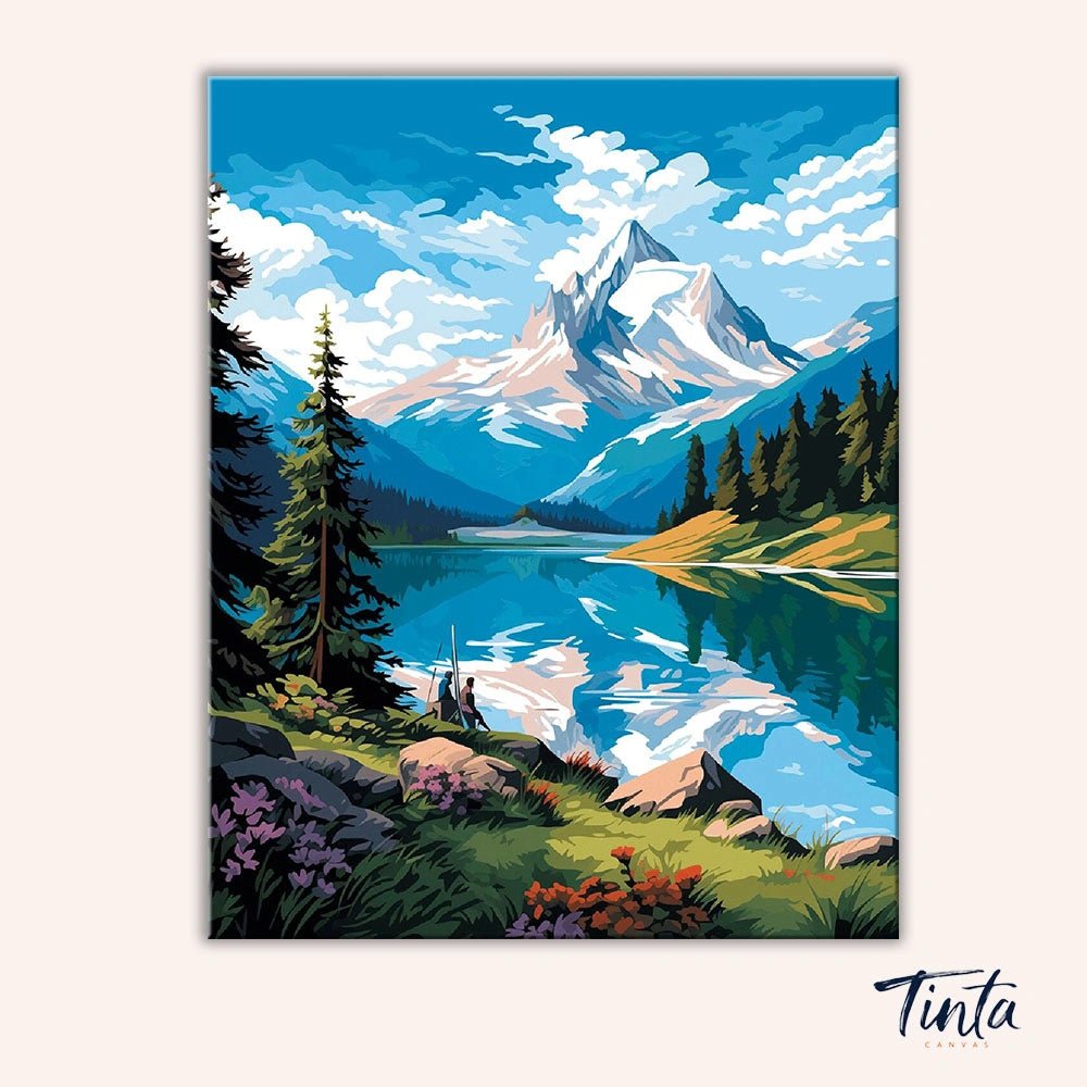 Clean artwork of the Glacier Mirror Lake paint by numbers kit featuring snowy mountain peaks reflected in a clear alpine lake by Tinta Canvas