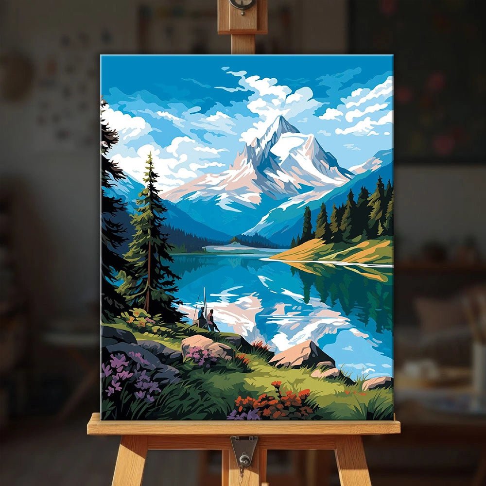 Glacier Mirror Lake paint by numbers kit displayed on an easel showing serene mountain landscape with reflective lake by Tinta Canvas