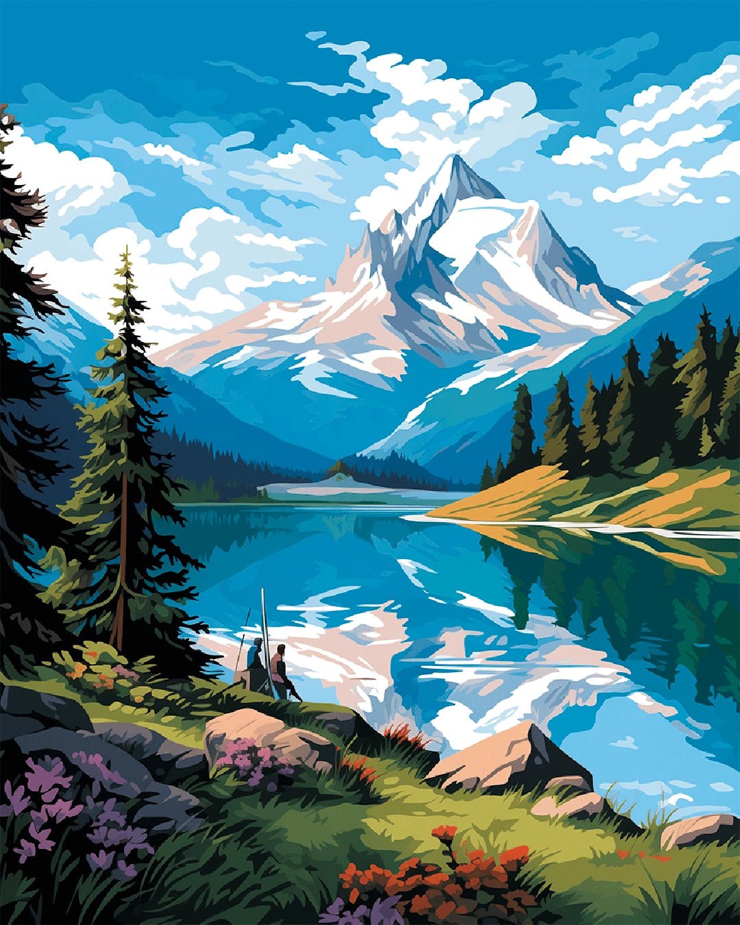 Raw landscape artwork from the Glacier Mirror Lake paint by numbers kit showing crystal lake reflections and snowy peaks by Tinta Canvas