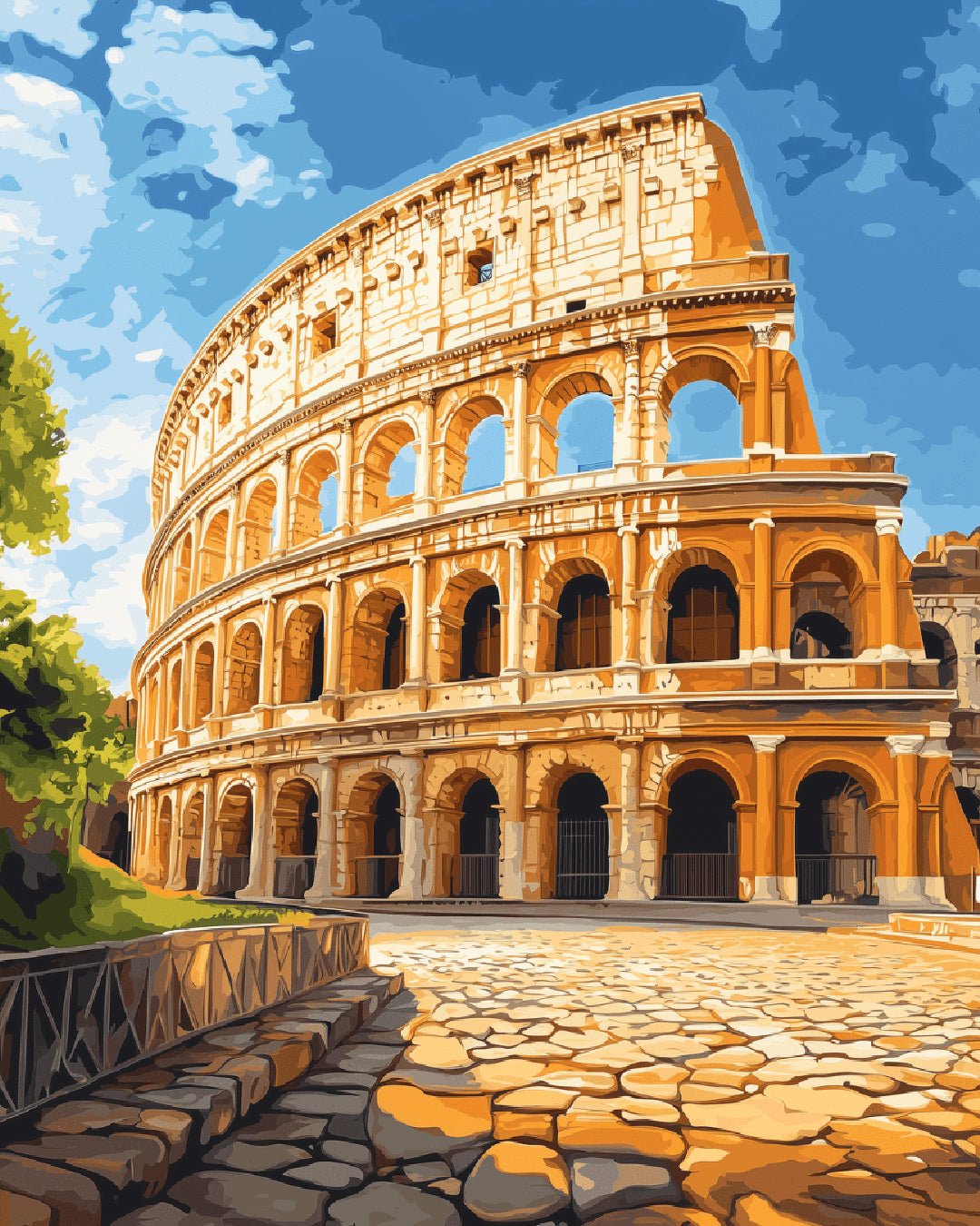 Golden Colosseum paint by numbers kit featuring the Roman Colosseum glowing in warm sunlight under a blue sky