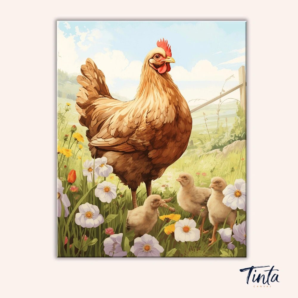 Clean artwork of Golden Hen & Chicks paint by numbers kit featuring farm hen and fluffy chicks by Tinta Canvas