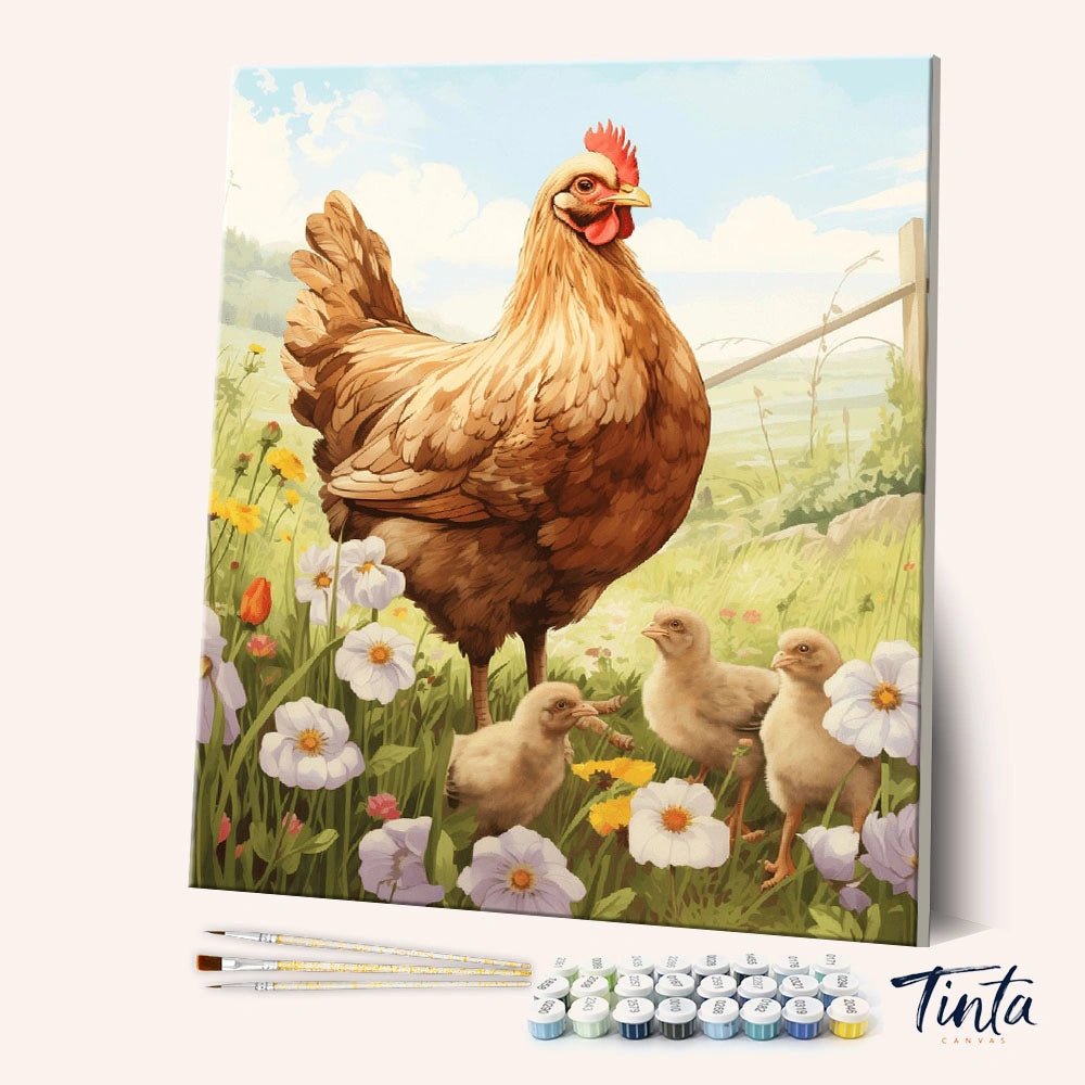 Angled view of Golden Hen & Chicks paint by numbers kit with hen and baby chicks in meadow by Tinta Canvas