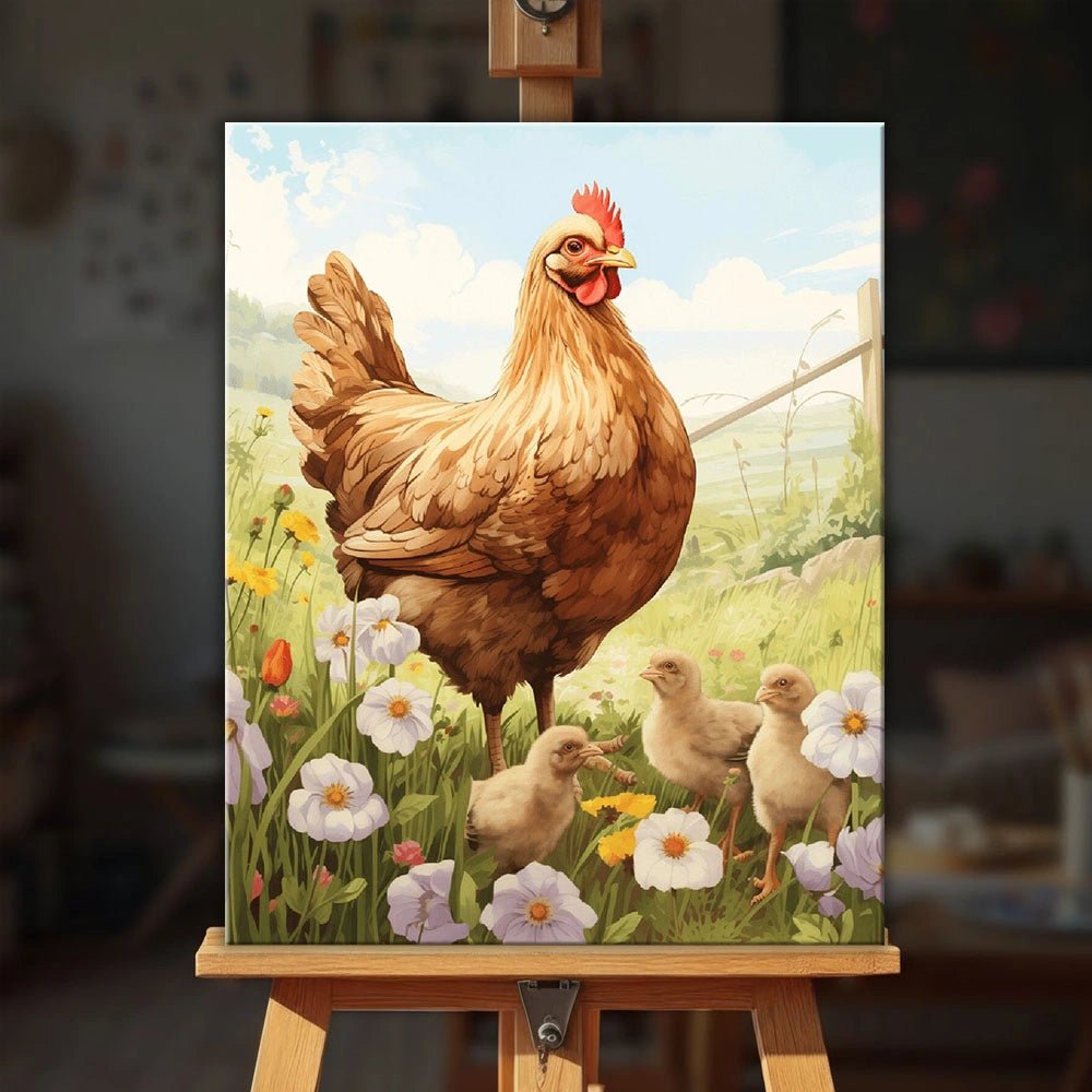 Golden Hen & Chicks paint by numbers kit displayed on easel in a bright rustic interior by Tinta Canvas