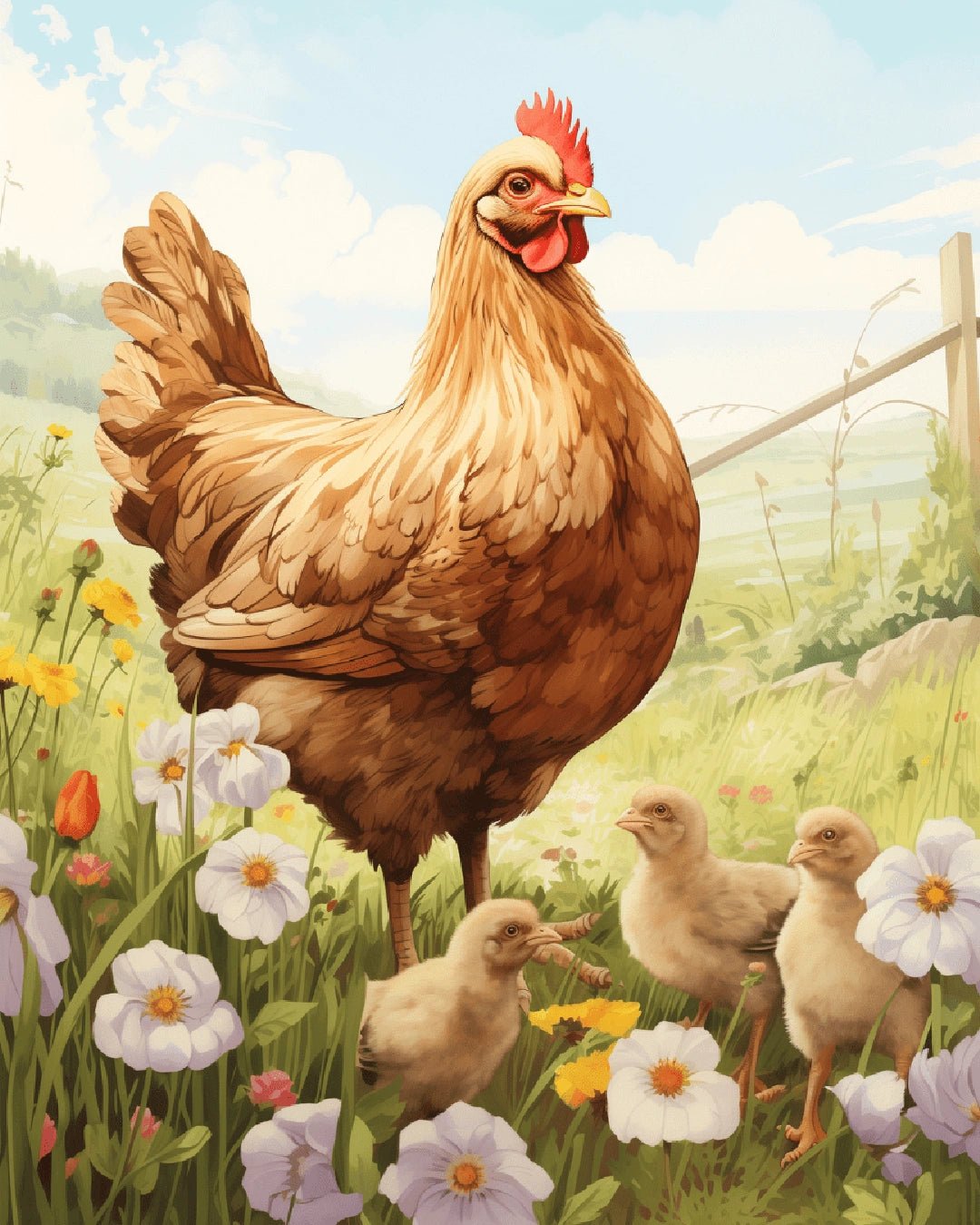 Raw scene of Golden Hen & Chicks paint by numbers kit showing hen with chicks among flowers by Tinta Canvas